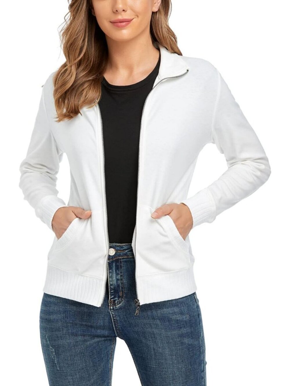 Women's Stand Collar Zip-Up Jacket with Pockets | Long Sleeve Running Sweatshirt